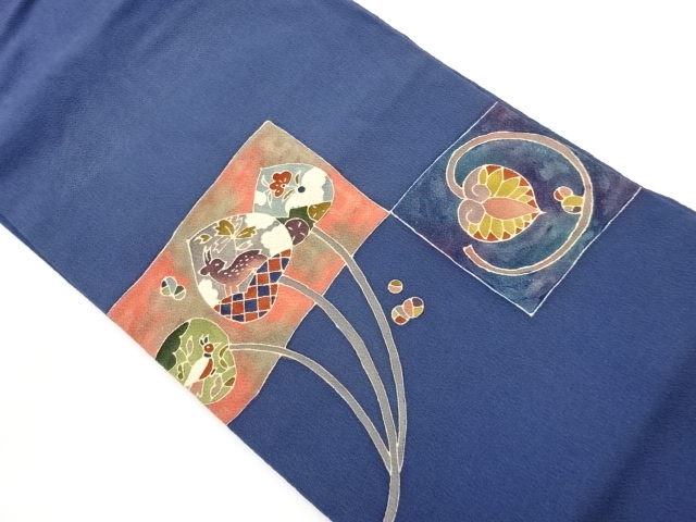 作家物　縮緬地鹿に鳥・花葉模様名古屋帯